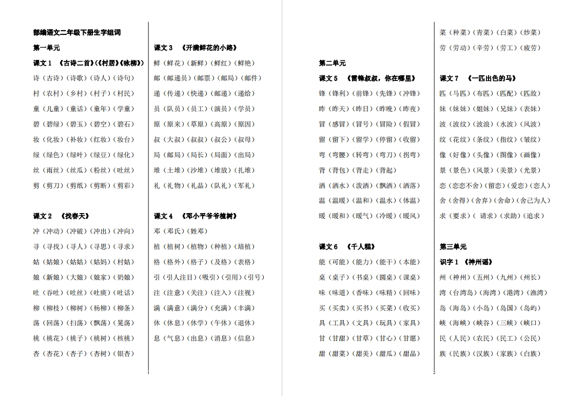 盐城名校二年级（下学期）知识点总结